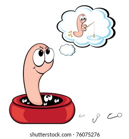Cute worm dreaming of how he catches fish. Illustration on white background