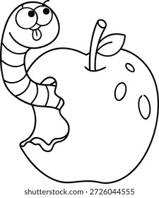 Verme bonito emergindo de uma maçã vermelha, arte de linha simples para crianças colorir página.