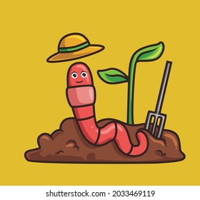 Cute Worm Farming. Cartoon Animal Nature Concept Isolated Illustration. Flat Style Suitable For Sticker Icon Design Premium Logo Vector. Mascot Character