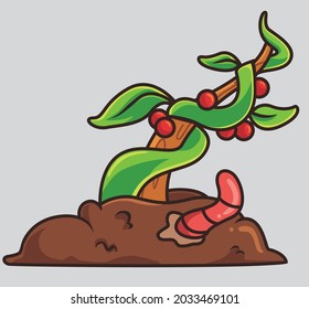 cute worm fertilizer fruit plant. cartoon animal nature concept Isolated illustration. Flat Style suitable for Sticker Icon Design Premium Logo vector. Mascot Character