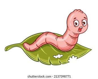 Cute Worm, Garden Pest Insect Control Cartoon Icon. Earthworm, Gardening Parasite Beetle Larva Eat Plant Leaf. Funny Small Parasitic Maggot Bug Crawl Character. Agriculture Harvest Protection. Vector