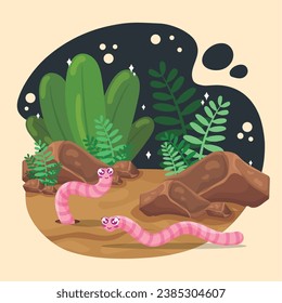 Cute worm insects on the ground with leaves Vector