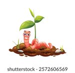 Cute worm on soil with a plant sprouting nearby. Vector cartoon illustration