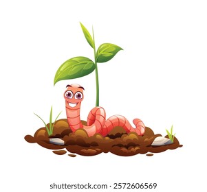 Cute worm on soil with a plant sprouting nearby. Vector cartoon illustration