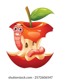 Cute worm peeking from a bitten apple core with seeds and leaf on top. Vector cartoon illustration