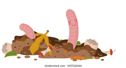 A cute worm with pink cheeks in the ground, next to it lies plant waste: banana skin, apple core, eggshell, peelings. concept of composting organic matter. organic farming. utilization of organic wast