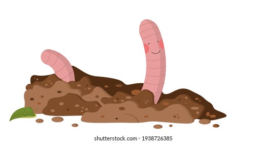 A cute worm with pink cheeks in the ground, there is a leaf next to it. concept of recycled compost. organic farming.