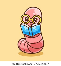 Ilustração do ícone do vetor do livro de leitura do worm bonito. Animal Education Icon Concept Isolado Premium Vetor. Estilo de Desenho Animado Plano