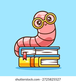 Worm Bonito Sentado No Livro Ilustração De Ícone De Vetor De Animação. Animal Education Icon Concept Isolado Premium Vetor. Estilo de Desenho Animado Plano