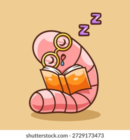Worm Bonito Dormindo Com Livro Ilustração Vetor Desenho Animado Ícone. Animal Education Icon Concept Isolado Premium Vetor. Estilo de Desenho Animado Plano