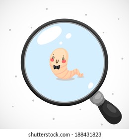 Cute worm under a magnifying glass, vector.