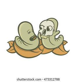 A cute worm using skull mask funny mascot illustration