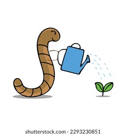 cute worm watering and farming, cartoon animal nature concept Cartoon Mascot Character Vector illustration color children cartoon clipart