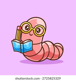 Worm Bonito Escrevendo Em Livro Com Lápis Desenho Animado Ícone Ilustração. Animal Education Icon Concept Isolado Premium Vetor. Estilo de Desenho Animado Plano