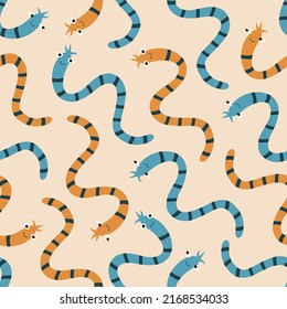 Cute worms hand drawn vector illustration. Funny colorful character in flat style seamless pattern for kids fabric or wallpaper.