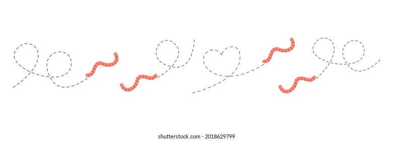 Cute worms on a dotted route set. Cartoon earthworm collection. Vector illustration isolated on white.