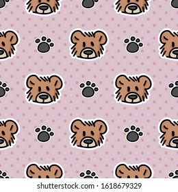 Cute worn teddy bear plush with paw pad seamless vector pattern. Hand drawn kids soft toy on striped background. Kawaii cuddly fluffy animal home decor. Joy, child, cub all over print. 