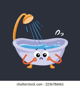 Cute worried with sweat decoration bathtub character mascot vector illustration isolated on dark background. Hygiene themed cartoon comic flat art characters with colors.