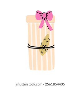 Cute wrapped gift with a bow and fir branches isolated on white background. Vector hand-drawn illustration in flat style. Perfect for holiday and birthday designs, cards, decorations, logo.