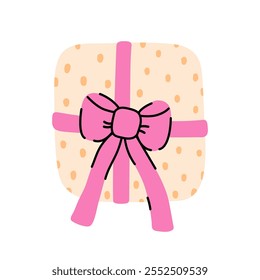 Cute wrapped gift with a bow isolated on white background. Vector hand-drawn illustration in flat style. Perfect for holiday and birthday designs, cards, decorations, logo.