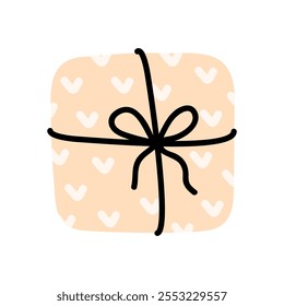 Lindo regalo envuelto con un lazo aislado sobre fondo blanco. Vector ilustración dibujada a mano en estilo plano. Perfecto para diseños de vacaciones y cumpleaños, tarjetas, decoraciones, logotipo.