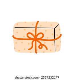 Cute wrapped gift with a bow isolated on white background. Vector hand-drawn illustration in flat style. Perfect for holiday and birthday designs, cards, decorations, logo.