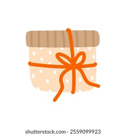 Cute wrapped gift with a bow isolated on white background. Vector hand-drawn illustration in flat style. Perfect for holiday and birthday designs, cards, decorations, logo.
