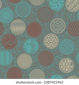 Patrón interminable geométrico de impresión de papel de envoltura. Formas de círculo con motivos orientales en el interior. Geometría árabe en círculos. Fondo de textura con puntos. Diseño de empaque de té.