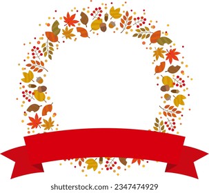 Cute Wreath Autumn Frame with Fallen Leaves and Berries on White Background red ribbon