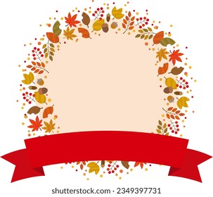 Cute Wreath Autumn Frame with Fallen Leaves and Berries on Pink Background red ribbon