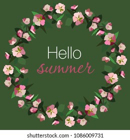 Cute wreath with beautiful apple tree flowers. Can be used as greeting card, wedding invitation, Mother`s day template.