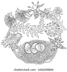 Cute wreath with bird's nest, dandelions, bird cherry flowers, vector illustration in vintage style. Romantic design.