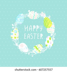 Cute wreath with Easter eggs, greeting card on a blue background. willow. Vector illustration.
