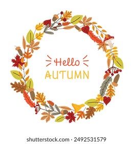 Cute wreath of fall leaves. Hello fall. Vector seasonal illustration. Template for poster, postcard. White isolated background. 