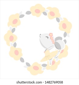 Cute wreath of flowers and a ballerina mouse on a white background. Illustration, for greeting cards, posters, stickers, Souvenirs, notebooks, and design.Hand-drawn. In a cartoon style. Vector
