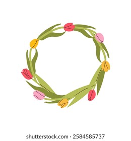 Cute wreath with flowers, leaves and branches in flat hand drawn style. Vector circle frame for your text on white background. Mother's day greeting card with beautiful blossom flowers