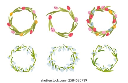 Cute wreath with flowers, leaves and branches in flat hand drawn style. Vector circle frame for your text on white background. Mother's day greeting card with beautiful blossom flowers