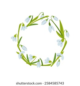 Cute wreath with flowers, leaves and branches in flat hand drawn style. Vector circle frame for your text on white background. Mother's day greeting card with beautiful blossom flowers