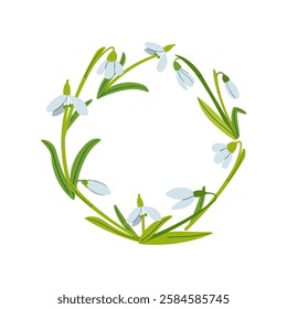 Cute wreath with flowers, leaves and branches in flat hand drawn style. Vector circle frame for your text on white background. Mother's day greeting card with beautiful blossom flowers