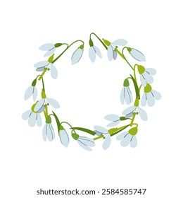 Cute wreath with flowers, leaves and branches in flat hand drawn style. Vector circle frame for your text on white background. Mother's day greeting card with beautiful blossom flowers