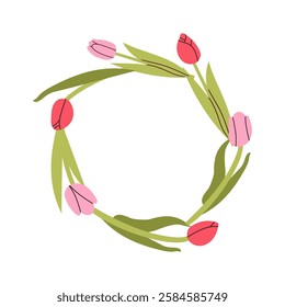 Cute wreath with flowers, leaves and branches in flat hand drawn style. Vector circle frame for your text on white background. Mother's day greeting card with beautiful blossom flowers