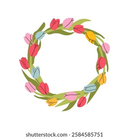 Cute wreath with flowers, leaves and branches in flat hand drawn style. Vector circle frame for your text on white background. Mother's day greeting card with beautiful blossom flowers