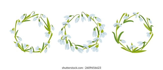 Cute wreath with flowers, leaves and branches in flat hand drawn style. Vector circle frame for your text on white background. Mother's day greeting card with beautiful blossom flowers