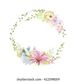 Cute wreath with green branches and leaves, ranunculus, Pyrethrum and Silver Brunia, vector illustration in vintage watercolor style.