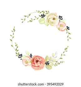 Cute wreath with green branches, ranunculus, wild Privet Berry and leaf, vector illustration in vintage watercolor style.