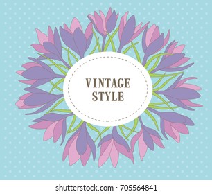 Cute wreath with leaves, crocus flower, vector illustration in vintage style. Romantic design.