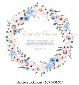 Cute wreath with leaves and flowers, vector illustration in vintage watercolor style