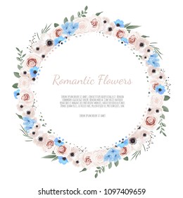 Cute wreath with leaves and flowers, vector illustration in vintage watercolor style.