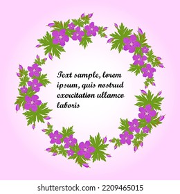 Cute wreath with leaves, purple flowers, purple buds and place for text on a light pink background. Perfect for card, poster, postcard, invitations, wedding, birthday party.