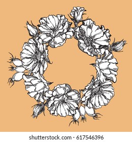 Cute wreath with leaves and Roses, vector illustration in vintage watercolor style. Romantic design.